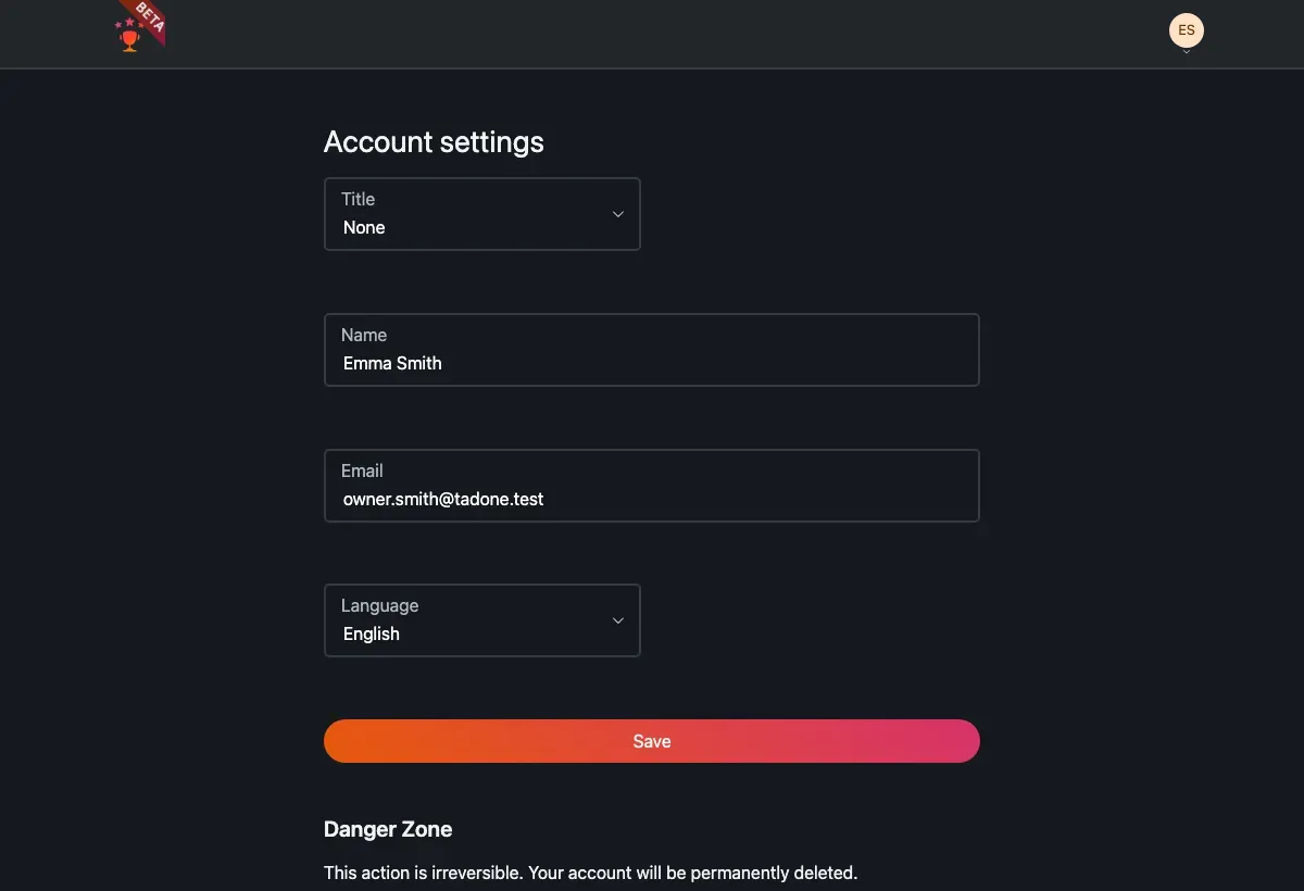 The Account settings page with the Danger Zone.