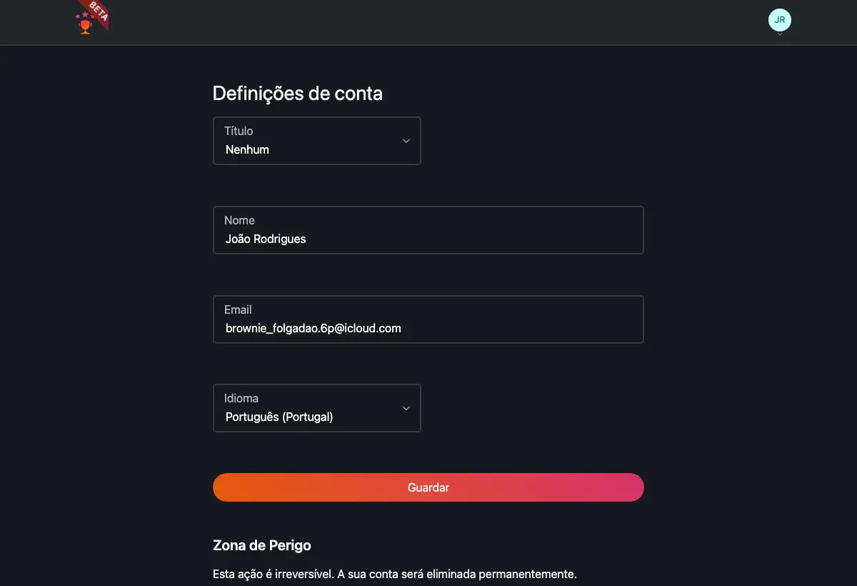 A página de definições da conta com a Zona de Perigo.