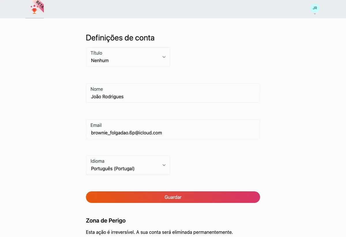 A página de definições da conta com a Zona de Perigo.