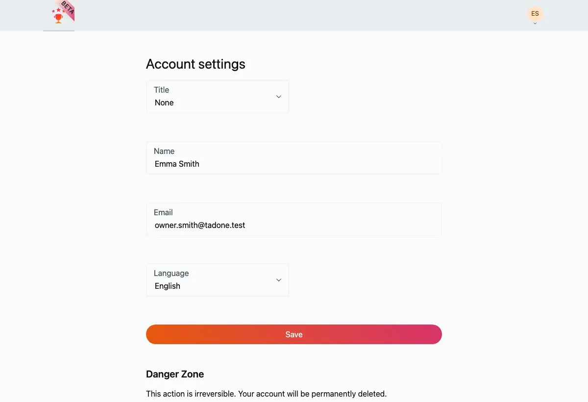 The Account settings page with the Danger Zone.