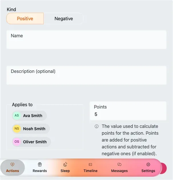 The Add action form: Kind, Name, Description, Applies to and Points.