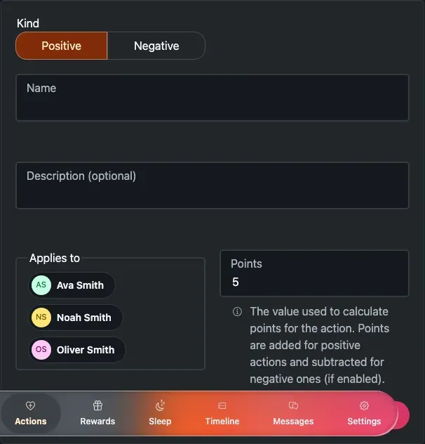 The Add action form: Kind, Name, Description, Applies to and Points.