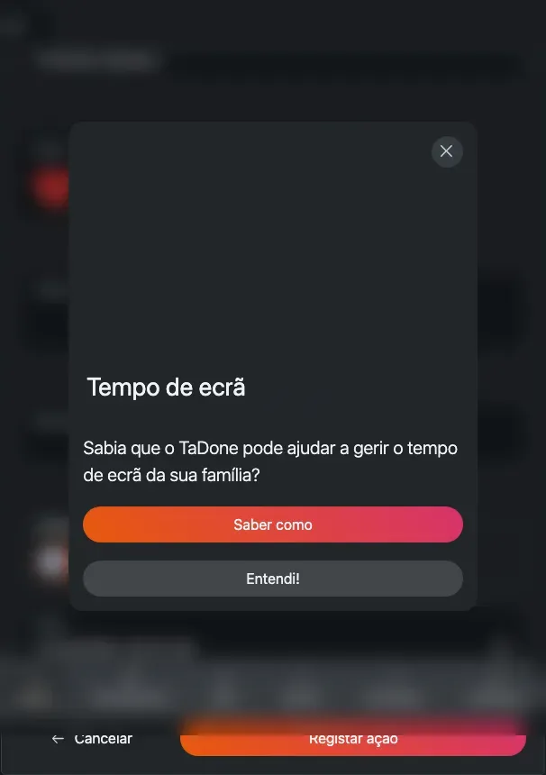 O formulário Registar ação: ação, classificação de Nível com indicador de pontos ao vivo, nota e mensagem.