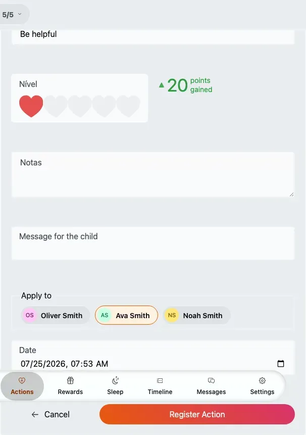 The Register action form: action, Level rating with a live points indicator, note and message.
