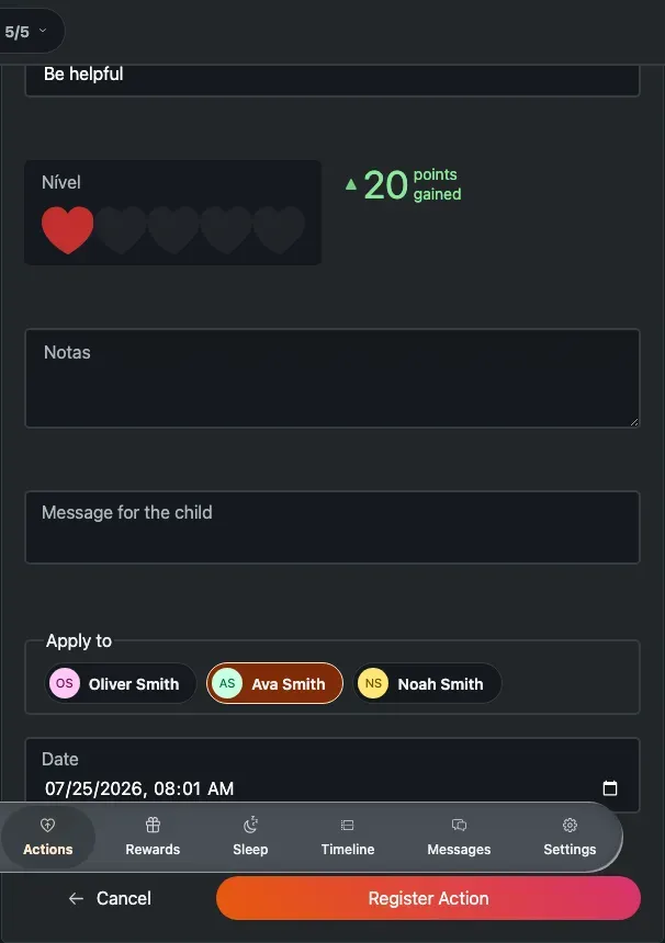 The Register action form: action, Level rating with a live points indicator, note and message.