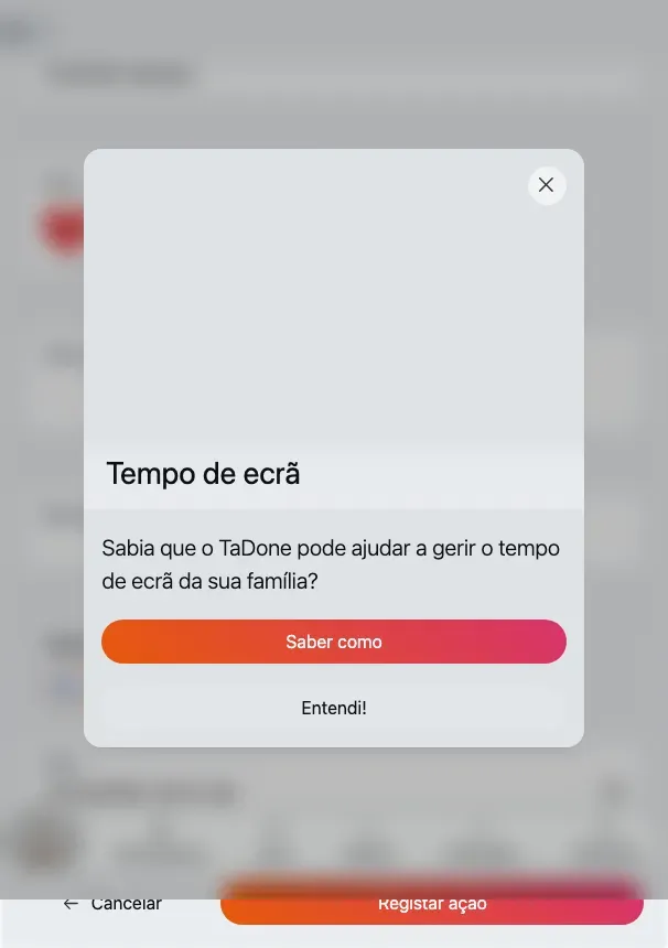 O formulário Registar ação: ação, classificação de Nível com indicador de pontos ao vivo, nota e mensagem.