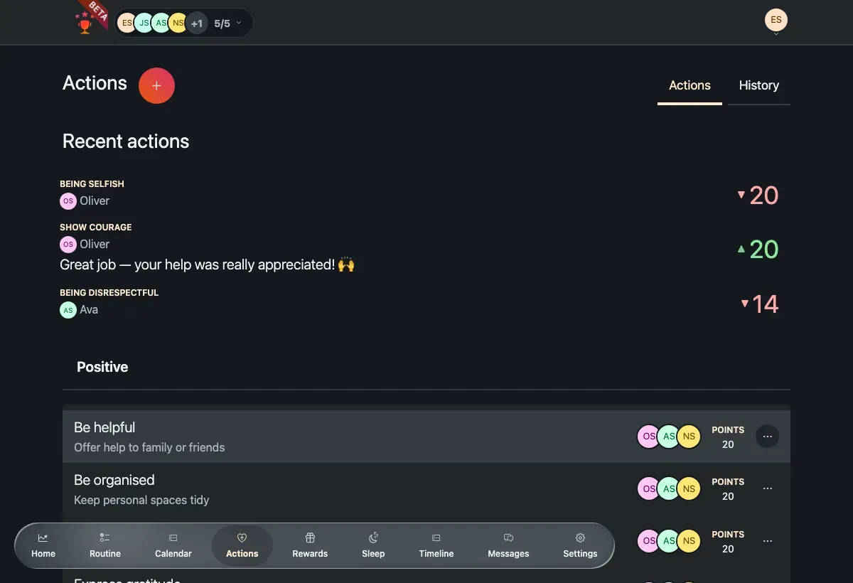 The actions library, grouped into Positive and Negative sections with a recent-actions strip on top.