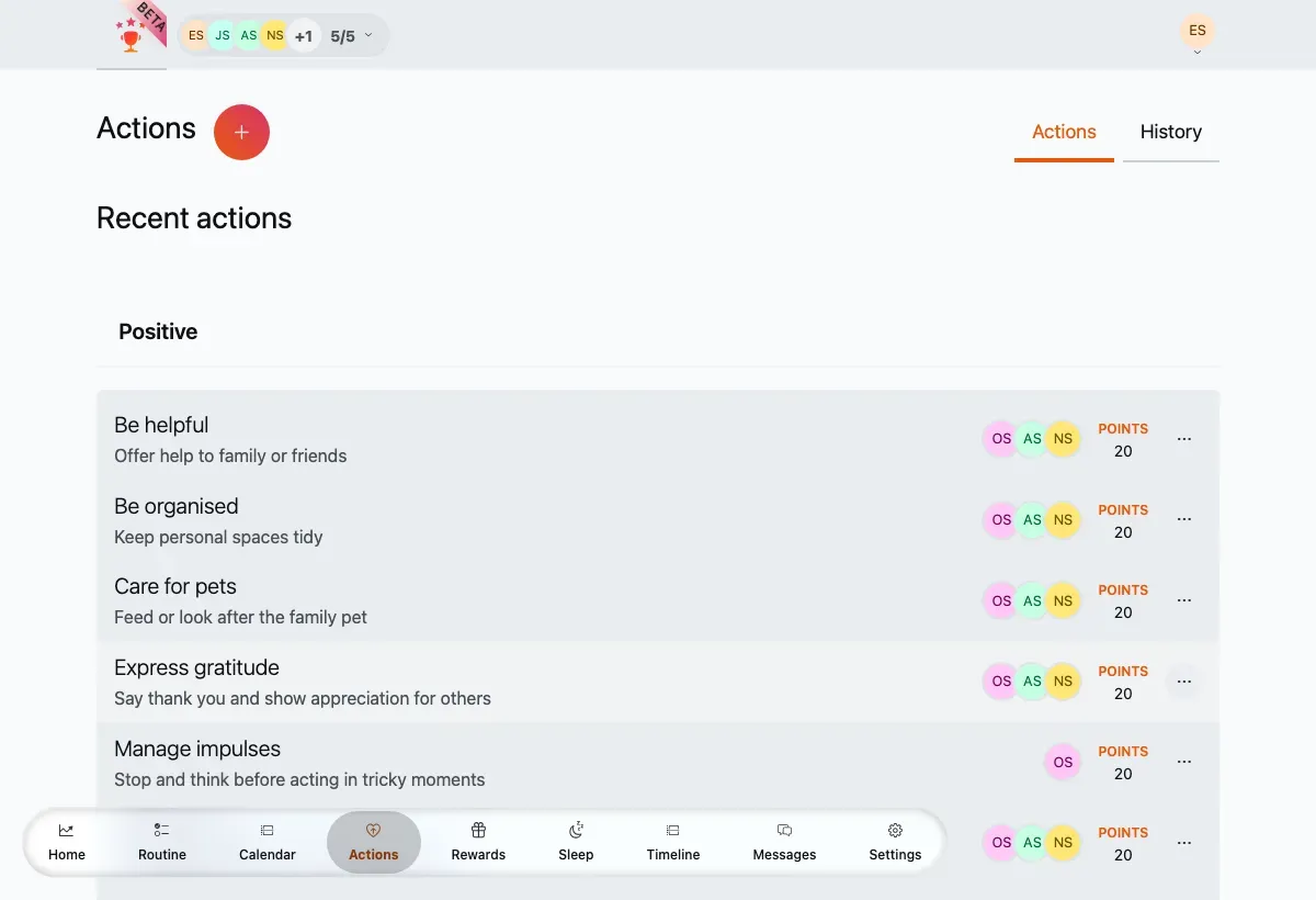 The actions library, grouped into Positive and Negative sections with a recent-actions strip on top.