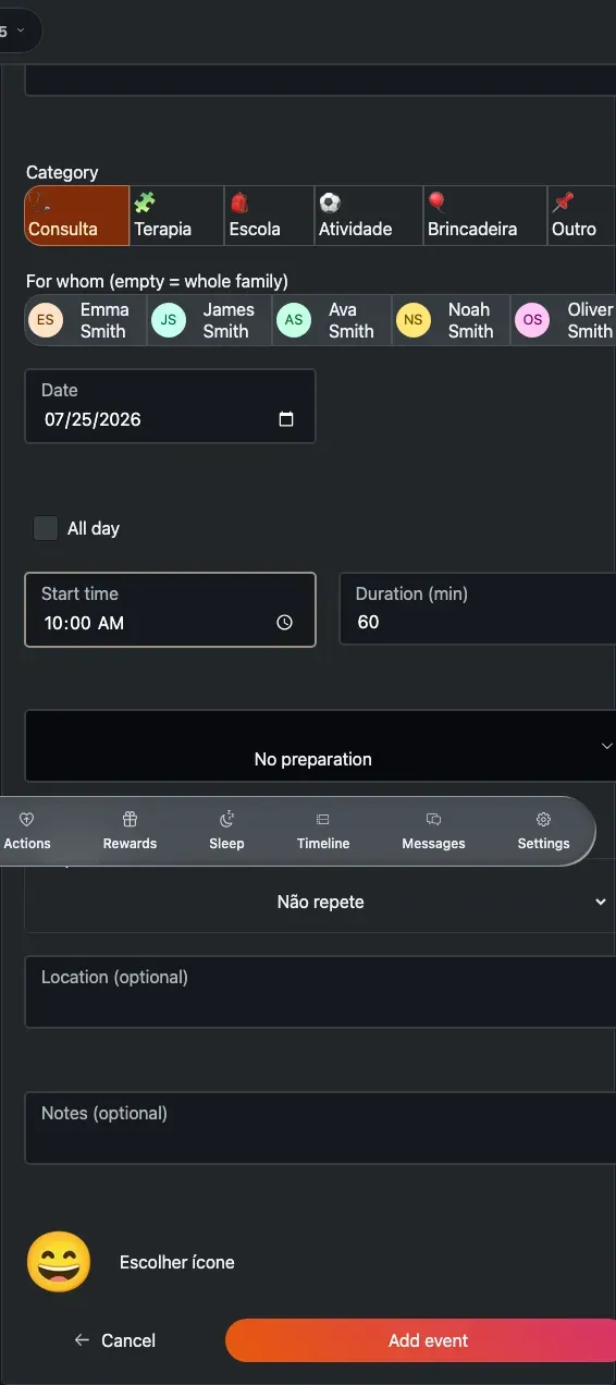 The new-event form, with a title, category chips, member selector, date and time, and preparation.