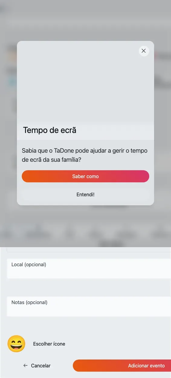 O formulário de novo evento, com título, categorias, seletor de membros, data e hora, e preparação.