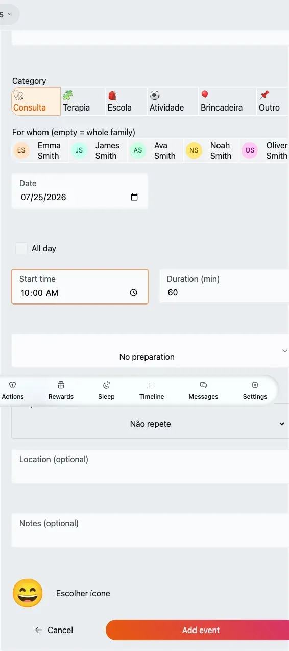The new-event form, with a title, category chips, member selector, date and time, and preparation.