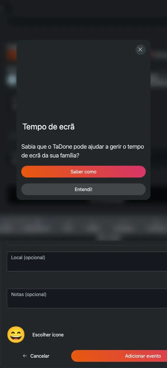 O formulário de novo evento, com título, categorias, seletor de membros, data e hora, e preparação.