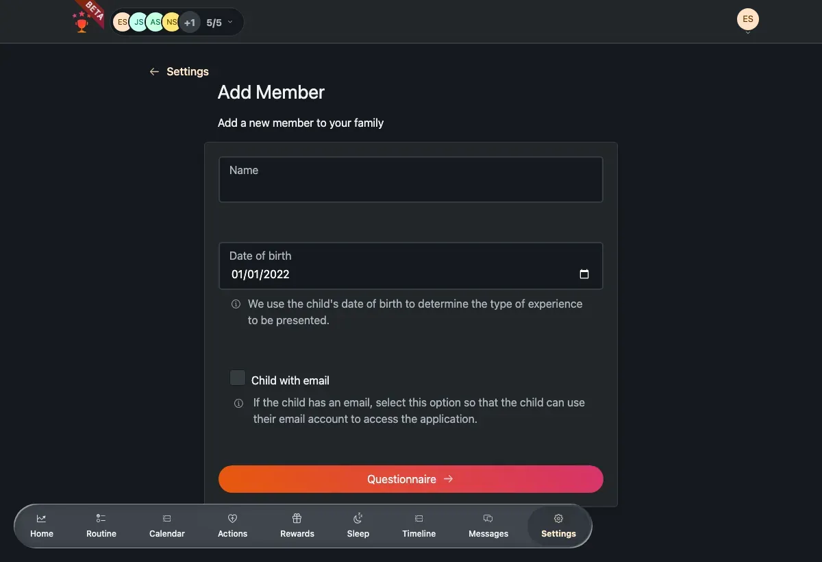 The child details form: name, birthdate with a minimum-age hint, and a 'child has email' toggle.