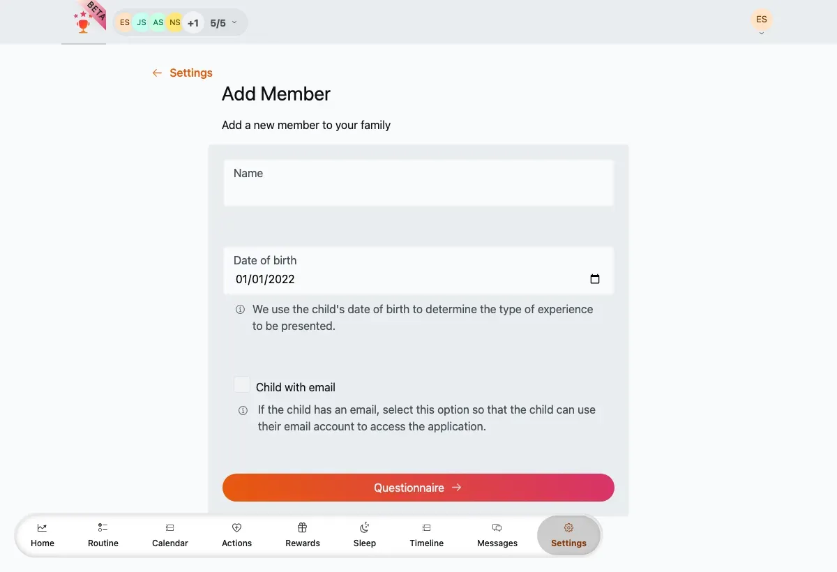 The child details form: name, birthdate with a minimum-age hint, and a 'child has email' toggle.