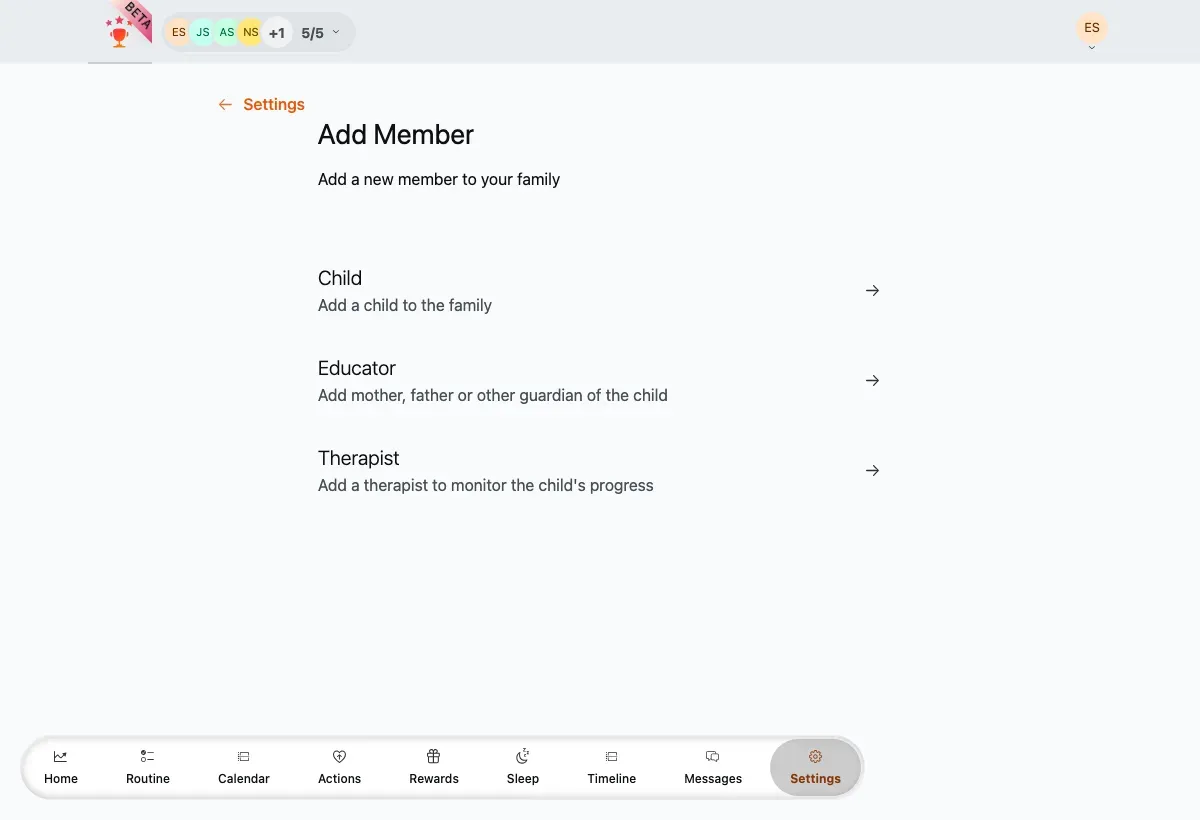 The Add Member type chooser: Child, Educator, and Therapist options.