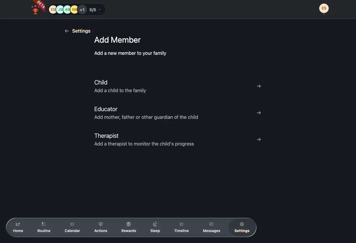 The Add Member type chooser: Child, Educator, and Therapist options.