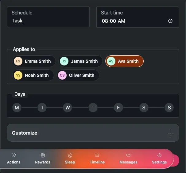 The add screen on the Routine tab, showing the Applies to member list, the Days weekday picker, and Customize.