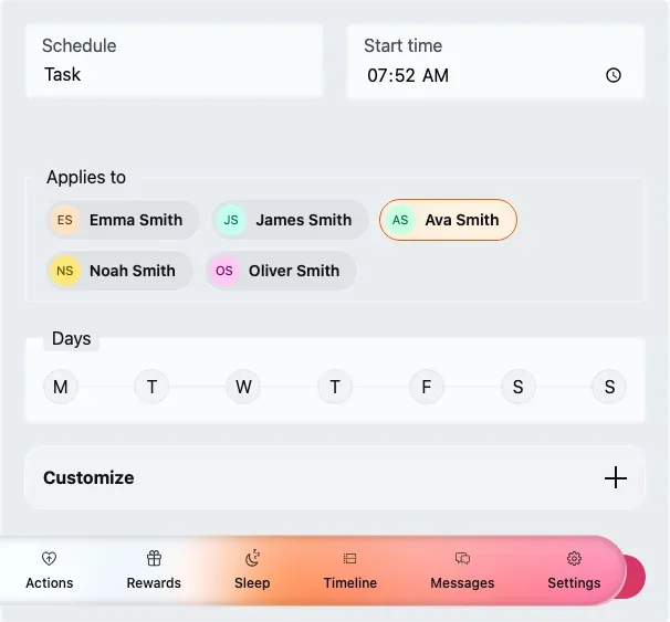 The add screen on the Routine tab, showing the Applies to member list, the Days weekday picker, and Customize.