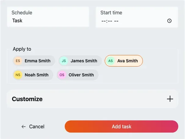 The add screen on the Task tab, showing the routine-type field, start time, member selector and Customize section.