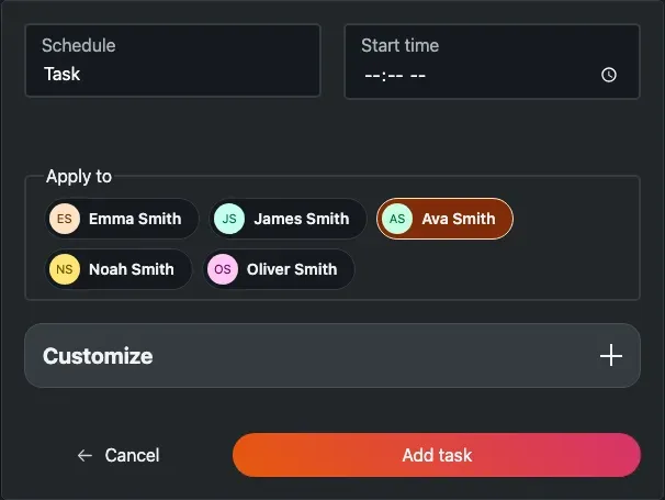 The add screen on the Task tab, showing the routine-type field, start time, member selector and Customize section.