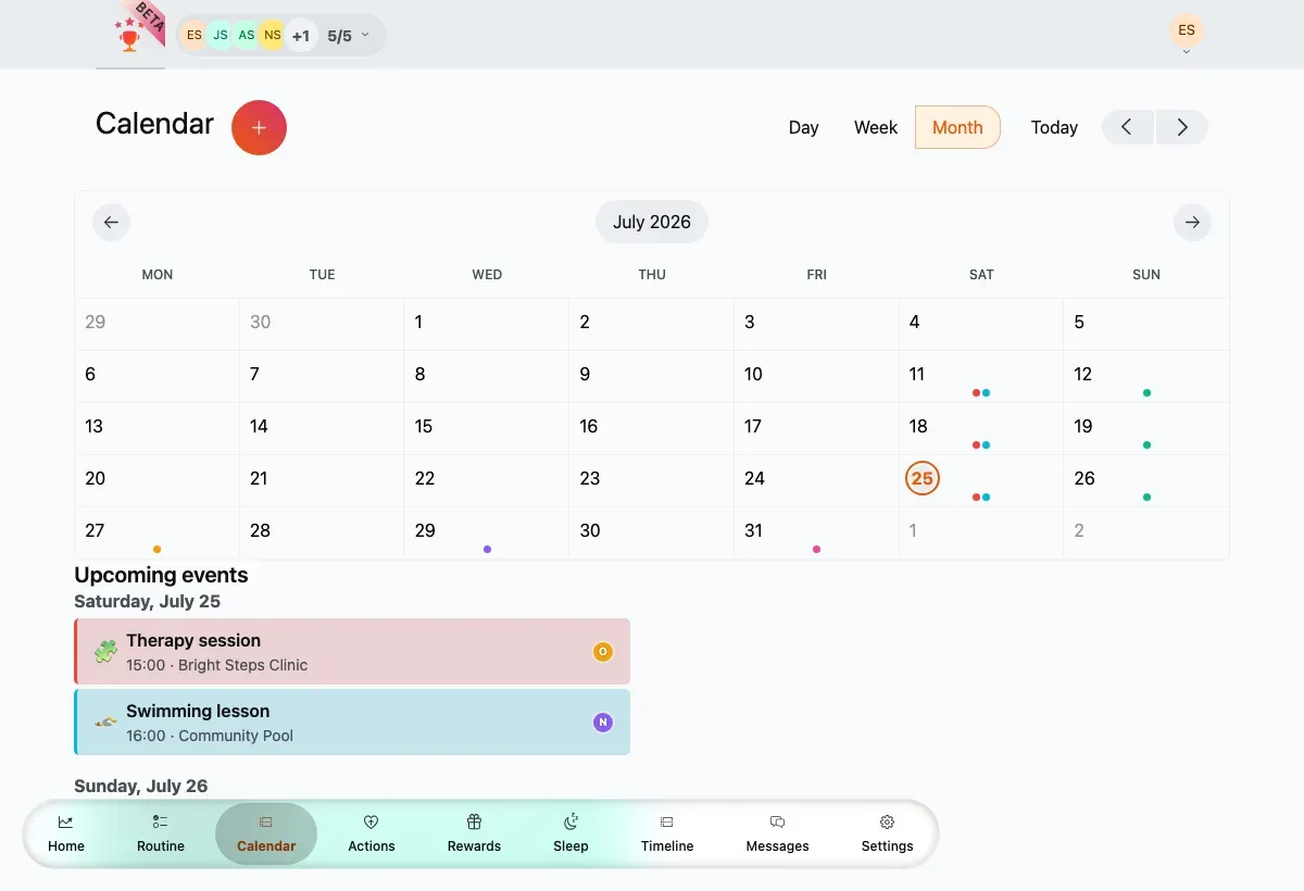 The calendar month view, with the day grid and an Upcoming events list below.