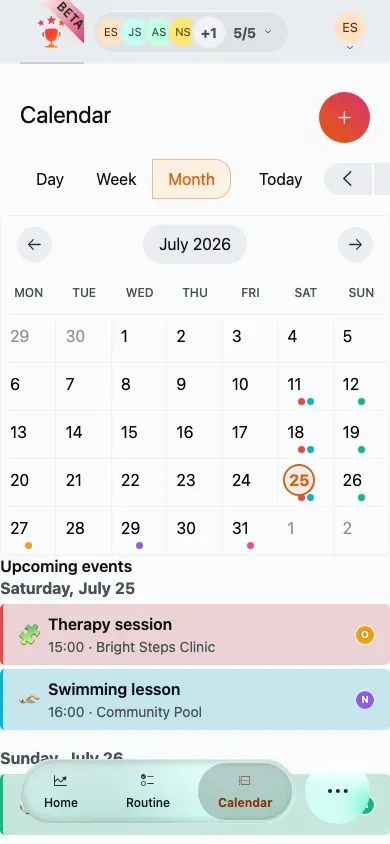 The calendar on mobile, with the view control and date slider stacked above the grid.