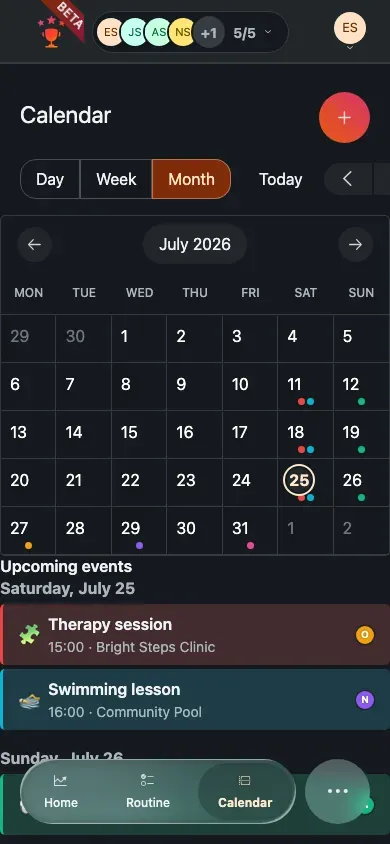 The calendar on mobile, with the view control and date slider stacked above the grid.