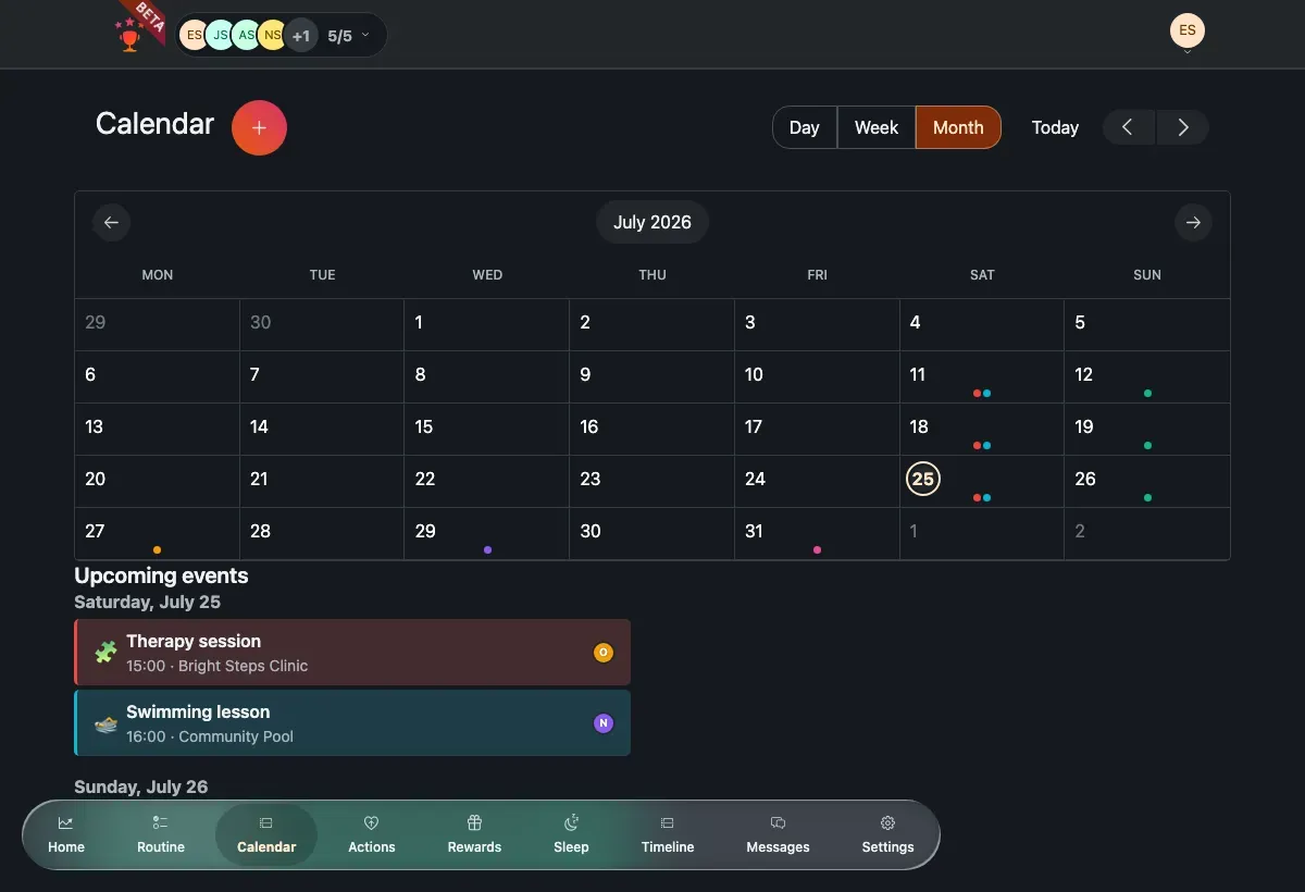 The calendar month view, with the day grid and an Upcoming events list below.