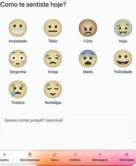 O seletor de emoções com dez emoções e um campo de nota opcional