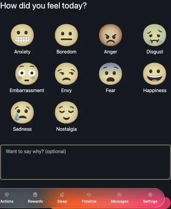 The emotion picker showing ten emotions and an optional note field