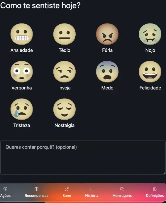 O seletor de emoções com dez emoções e um campo de nota opcional