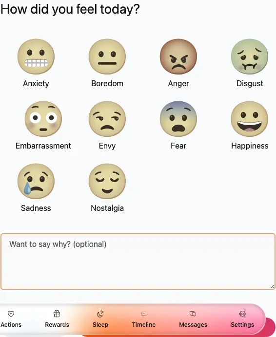 The emotion picker showing ten emotions and an optional note field
