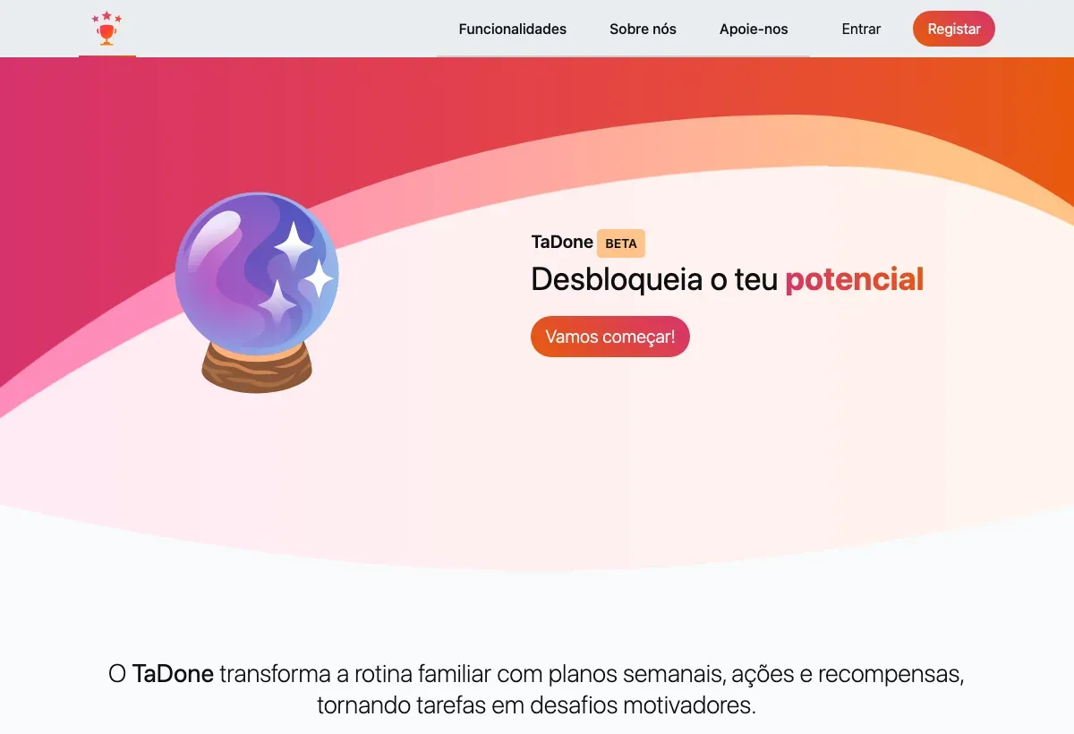 A página inicial do TaDone: o destaque 'Desbloqueia o teu potencial' com o botão Vamos começar! e a navegação no topo.