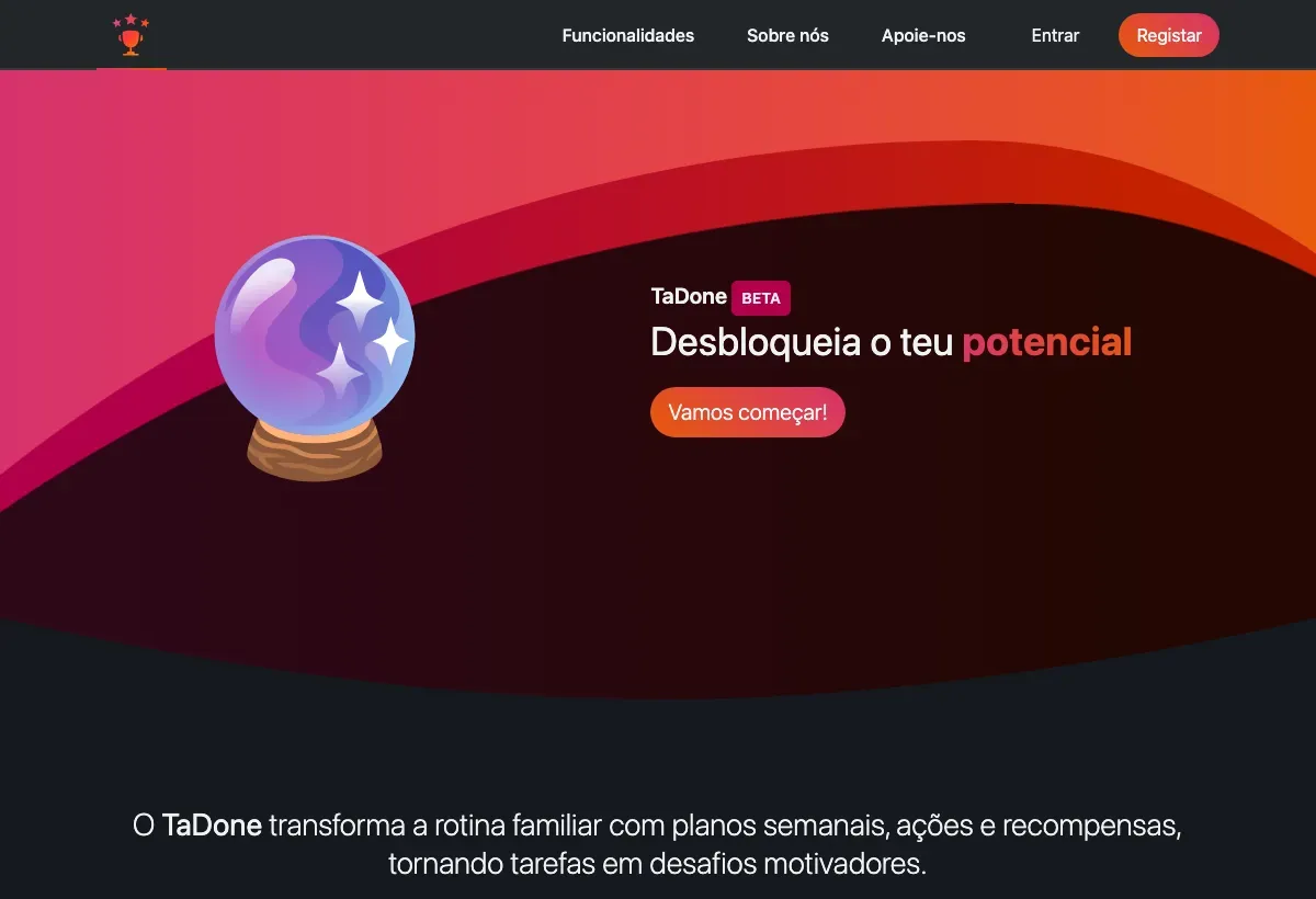 A página inicial do TaDone: o destaque 'Desbloqueia o teu potencial' com o botão Vamos começar! e a navegação no topo.