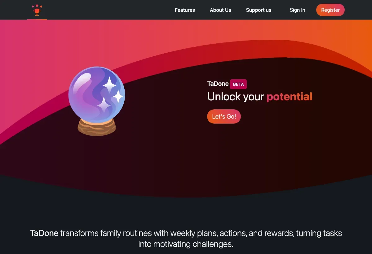 The TaDone homepage: the 'Unlock your potential' hero with a Let's Go! button and the top navigation.