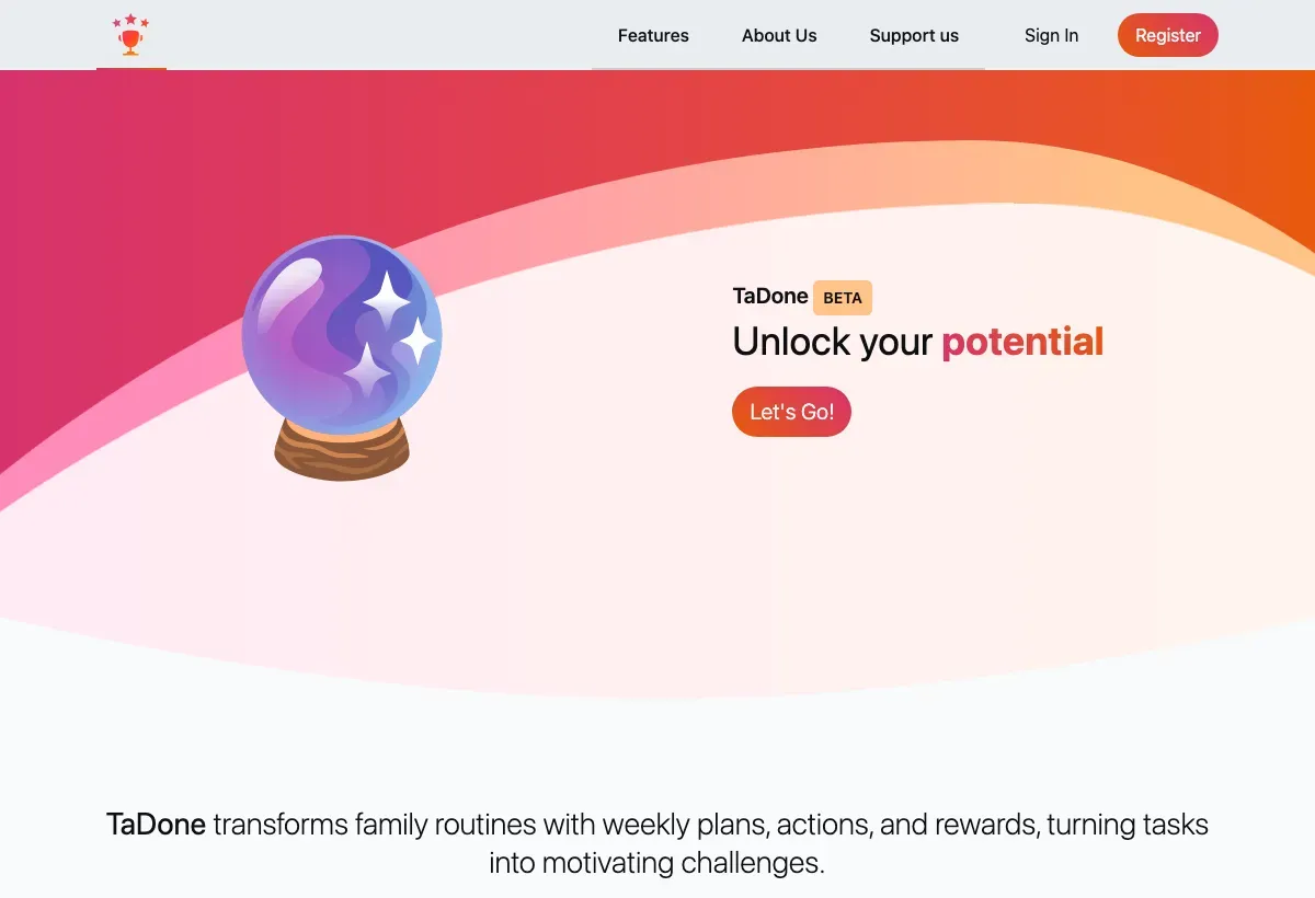 The TaDone homepage: the 'Unlock your potential' hero with a Let's Go! button and the top navigation.