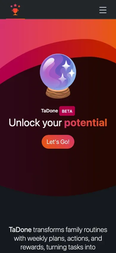 The TaDone homepage on a mobile screen, with the hero and feature cards stacked vertically.