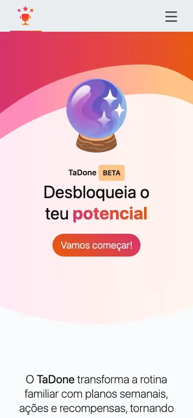 A página inicial do TaDone num ecrã de telemóvel, com o destaque e os cartões empilhados na vertical.