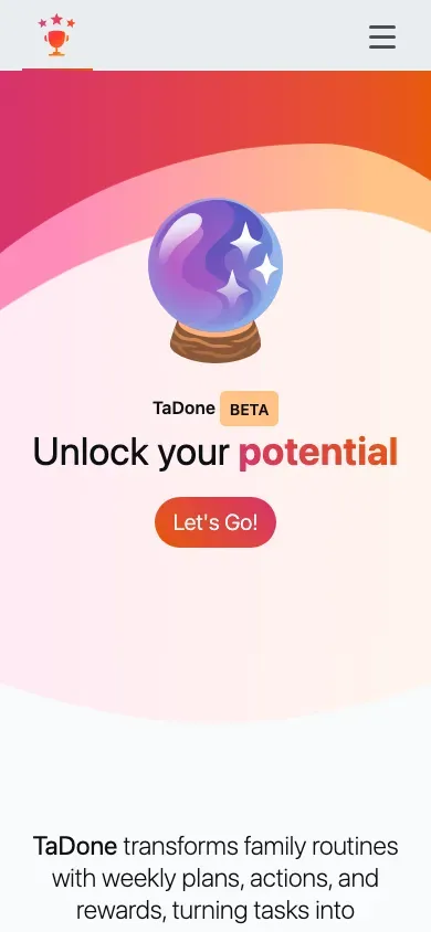 The TaDone homepage on a mobile screen, with the hero and feature cards stacked vertically.