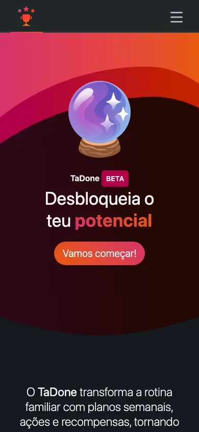 A página inicial do TaDone num ecrã de telemóvel, com o destaque e os cartões empilhados na vertical.