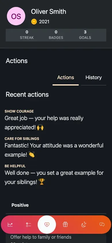 The Actions tab: a strip of recent positive actions above a grouped list.