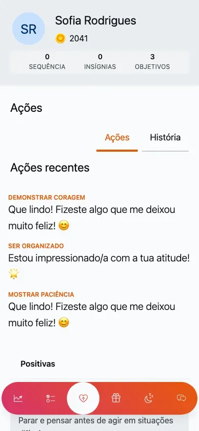O separador Ações: uma faixa de ações positivas recentes sobre uma lista agrupada.