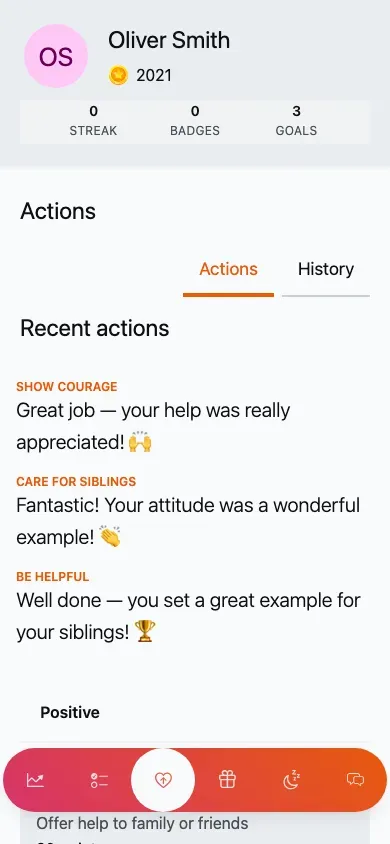 The Actions tab: a strip of recent positive actions above a grouped list.