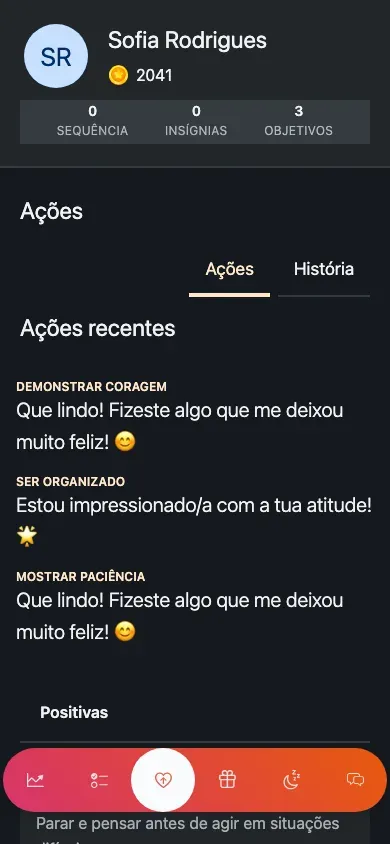 O separador Ações: uma faixa de ações positivas recentes sobre uma lista agrupada.