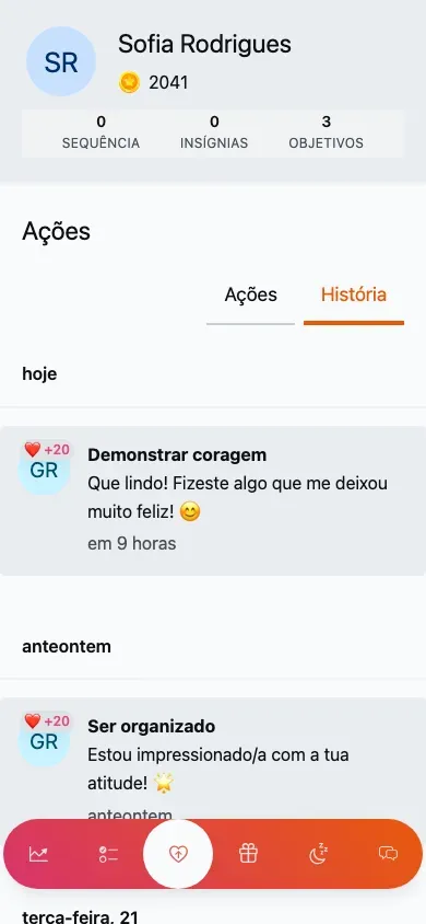 O histórico de ações: registos agrupados por dia, cada um a mostrar quem registou e os pontos ganhos.