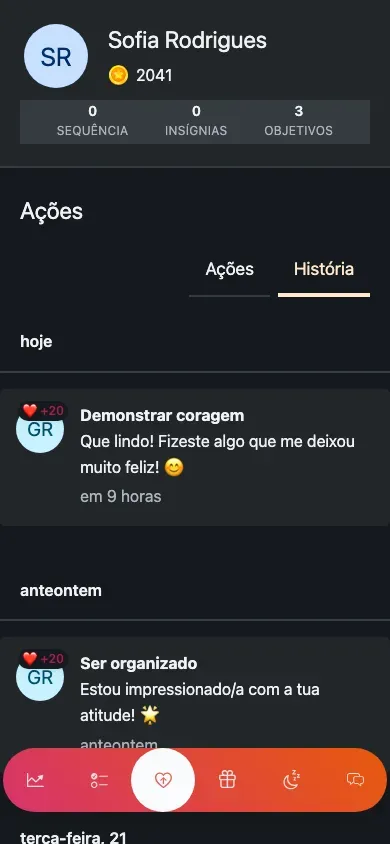 O histórico de ações: registos agrupados por dia, cada um a mostrar quem registou e os pontos ganhos.