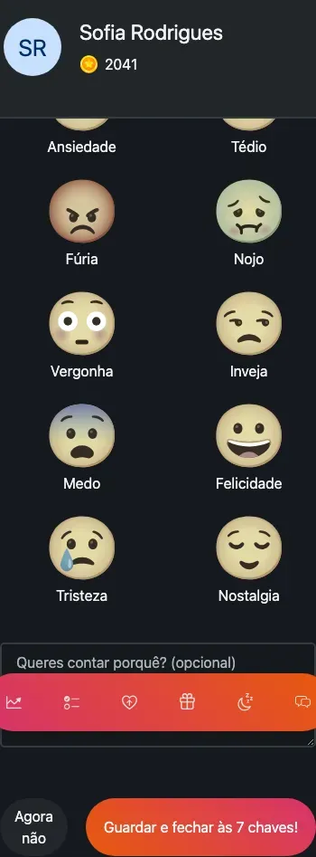 O seletor de emoções: uma grelha de carinhas sob 'Como te sentiste hoje?'.