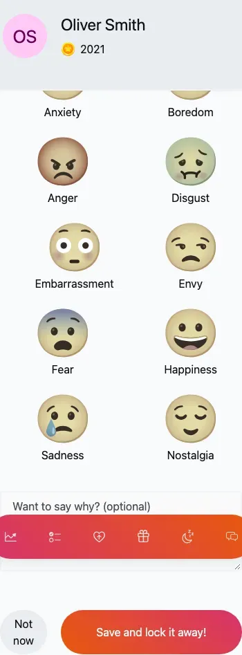 The emotions picker: a grid of emoji faces under 'How did you feel today?'.