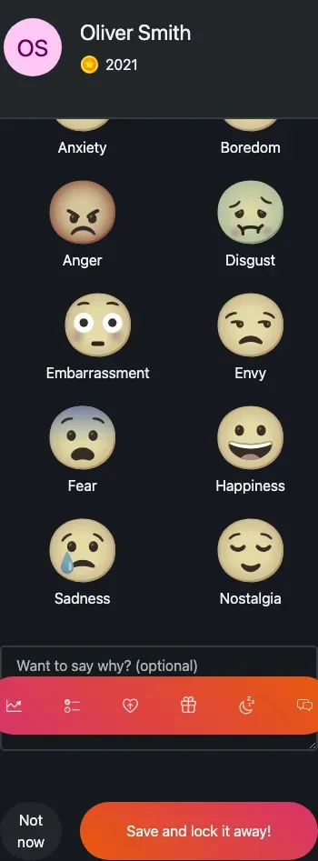 The emotions picker: a grid of emoji faces under 'How did you feel today?'.