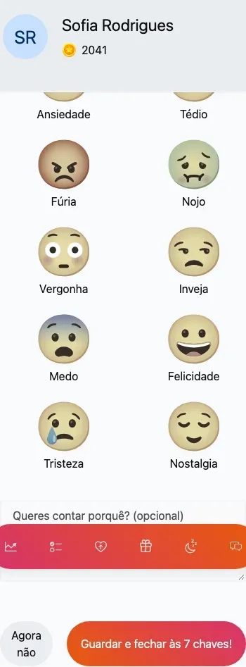 O seletor de emoções: uma grelha de carinhas sob 'Como te sentiste hoje?'.